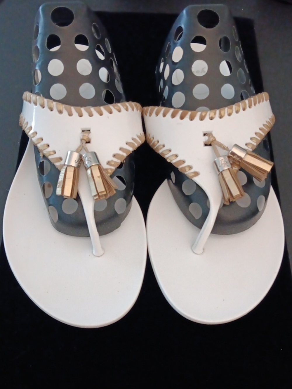 Jack Rogers White and Gold Tassel Thong Sandals